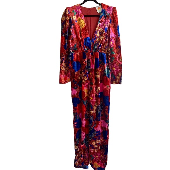 Farm Rio Red Wildlife Snake Garden Floral Velvet Jumpsuit Romper Vivid - Picture 3 of 15